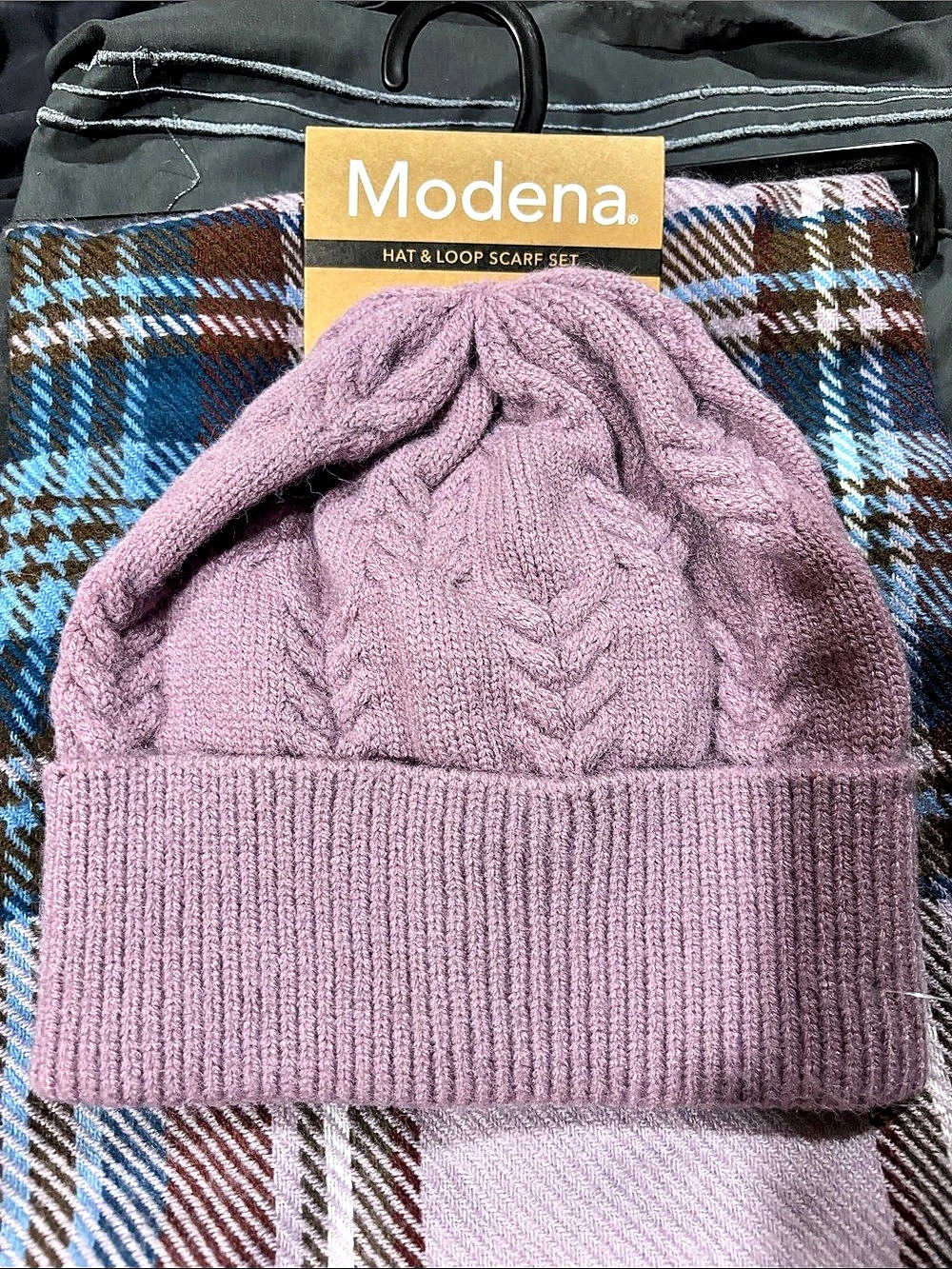 Modena Hat and Loop Scarf Set Plaid Purple & Blue